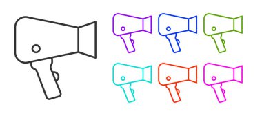 Siyah çizgi saç kurutma ikonu beyaz arkaplanda izole edildi. Saç kurutma makinesi tabelası. Saç kurutma sembolü. Sıcak hava üflüyor. Simgeleri renklendirin. Vektör.