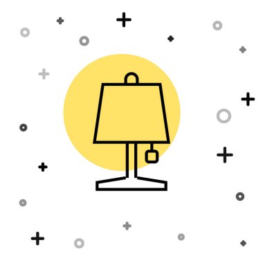 Beyaz arkaplanda siyah çizgi masa lambası simgesi izole edildi. Rastgele dinamik şekiller. Vektör.