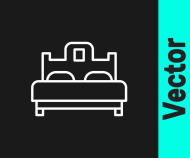 Beyaz çizgi yatak odası simgesi siyah arkaplanda izole edildi. Düğün, aşk, evlilik sembolü. Balayı koleksiyonundan yatak odası yaratıcı ikonu. Vektör.