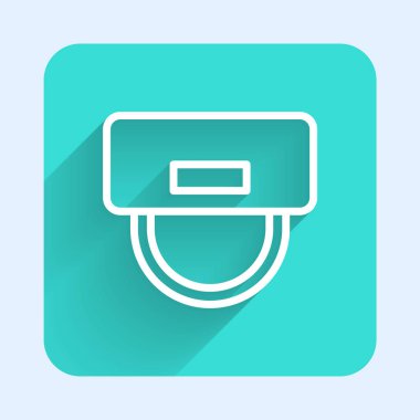 Beyaz çizgi belboy şapka ikonu uzun gölgeli izole edilmiş. Otel tatil köyü servis sembolü. Yeşil kare düğmesi. Vektör.