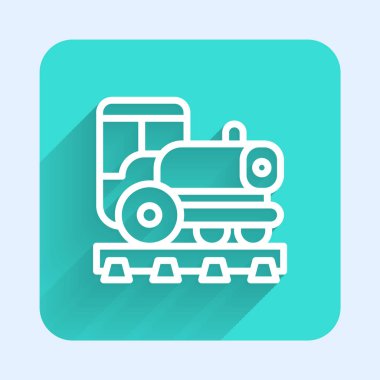 Beyaz çizgi Vintage lokomotif ikonu uzun gölgeli izole edilmiş. Buharlı lokomotif. Yeşil kare düğmesi. Vektör.