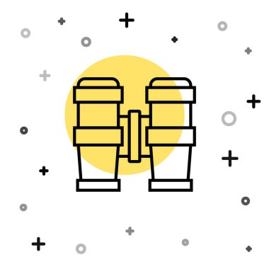 Beyaz arkaplanda siyah çizgi dürbün simgesi izole edildi. Yazılım işareti bul. Casus ekipman sembolü. Rastgele dinamik şekiller. Vektör.