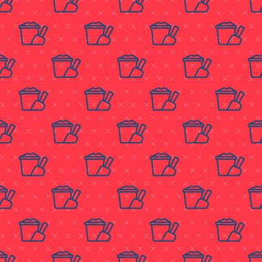 Kürek ikonlu mavi renkli kum kovası kırmızı arka planda izole edilmiş. Plastik çocuk oyuncağı. Yaz ikonu. Vektör.