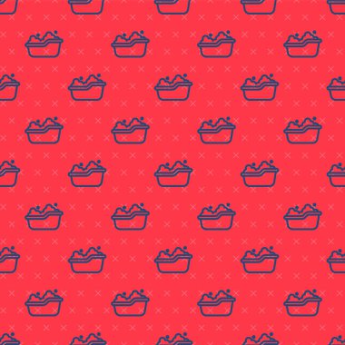 Mavi çizgi, içinde köpük kabarcıkları olan bebek küveti. Kırmızı arka planda izole edilmiş pürüzsüz bir şekil. Vektör.