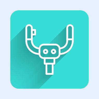 Beyaz Çizgili Uçak dümen ikonu uzun gölgeli izole edildi. Uçak kontrol tekerleği. Yeşil kare düğmesi. Vektör.