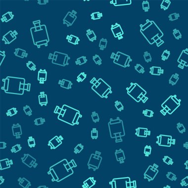 Seyahat simgesi için yeşil bavul mavi arka planda izole edilmiş pürüzsüz desen. Seyahat bagaj tabelası. Seyahat bagaj ikonu. Vektör.