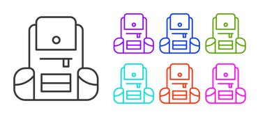 Siyah çizgi Yürüyüş sırt çantası simgesi beyaz arkaplanda izole edildi. Kamp ve dağ gezisi sırt çantası. Simgeleri renklendirin. Vektör.