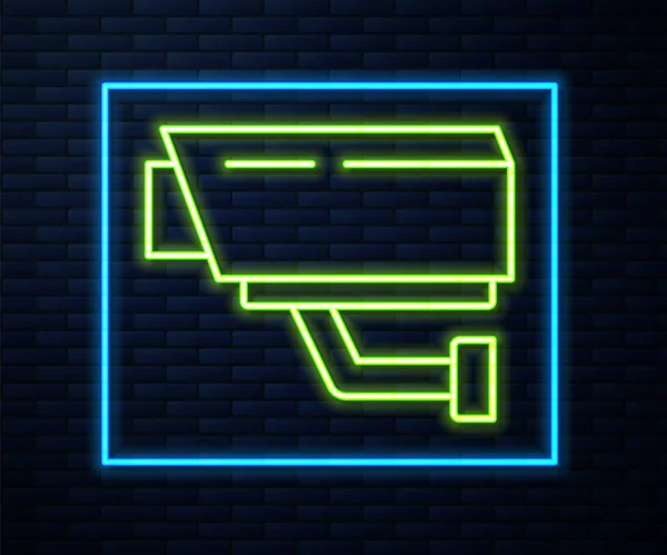 Glowing Neon Line Security Camera Icon Isolated Brick Wall Background — Stock Vector