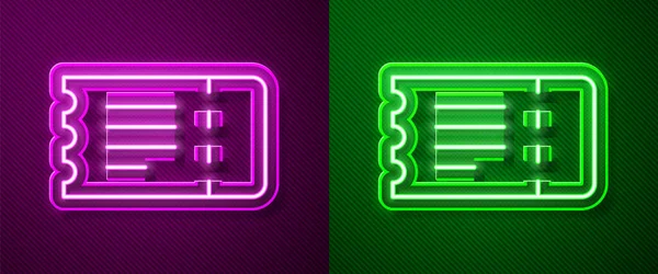 Žhnoucí Neonová Čára Ikona Jízdenky Vlak Izolované Fialovém Zeleném Pozadí — Stockový vektor