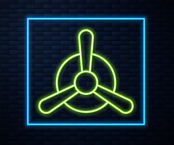 Glowing Neon Line Plane Propeller Icon Isolated Brick Wall Background — Stock Vector