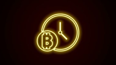 Siyah arkaplanda izole edilmiş saat simgesiyle parlayan neon hattı kripto para Bitcoin. Madeni para. Engelleme zinciri tabanlı şifreli para birimi. 4K Video hareketli grafik canlandırması