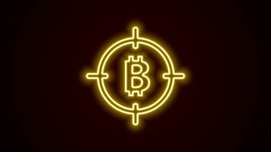 Hedef simgedeki parlayan neon hattı Bitcoin siyah arkaplanda izole edildi. Yatırım hedef simgesi. 4K Video hareketli grafik canlandırması