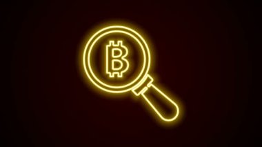 Siyah zemin üzerinde Bitcoin simgesi olan parlak neon çizgi büyüteç. Madeni para. Engelleme zinciri tabanlı şifreli para birimi. 4K Video hareketli grafik canlandırması