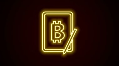 Siyah arkaplanda izole edilmiş grafik tablet ikonundan parlayan neon hattı madencilik bitcoin. Kripto para birimi madenciliği, engelleme zinciri teknoloji servisi. 4K Video hareketli grafik canlandırması