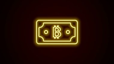 Parlayan neon hattı Kripto para birimi bitcoin simgesi siyah arkaplanda izole edildi. Engelleme teknolojisi, dijital para piyasası. 4K Video hareketli grafik canlandırması