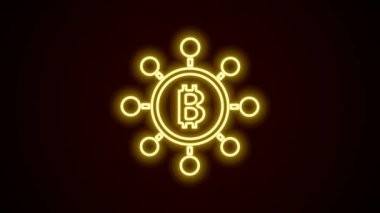Parlayan neon hattı Blockchain teknolojisi Bitcoin simgesi siyah arkaplanda izole edildi. Soyut geometrik blok zincir ağ teknolojisi işi. 4K Video hareketli grafik canlandırması