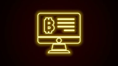 Siyah arkaplanda izole edilmiş monitör simgesinden parlayan neon hattı madencilik bitcoin. Kripto para birimi madenciliği, engelleme zinciri teknoloji servisi. 4K Video hareketli grafik canlandırması