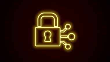 Siyah arkaplanda bitcoin simgesiyle parlayan neon hat kilidi. Kripto para madenciliği, engelleme teknolojisi, güvenlik, koruma, dijital para. 4K Video hareketli grafik canlandırması