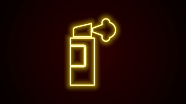 Línea de neón brillante Icono de spray de pimienta aislado sobre fondo negro. Gas OC. Aerosol de autodefensa Capsicum. Animación gráfica de vídeo 4K — Vídeo de stock