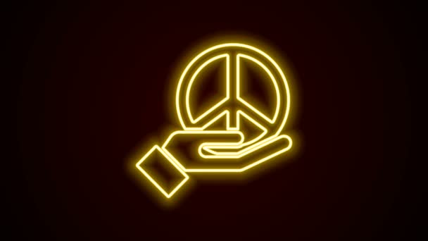Brillante línea de neón Icono de paz aislado sobre fondo negro. Símbolo hippie de paz. Animación gráfica de vídeo 4K — Vídeos de Stock