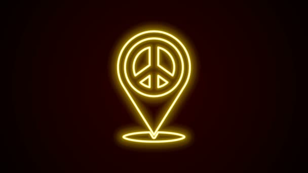 Glowing neon line Location peace icon isolated on black background. Hippie symbol of peace. 4K Video motion graphic animation — Stock Video
