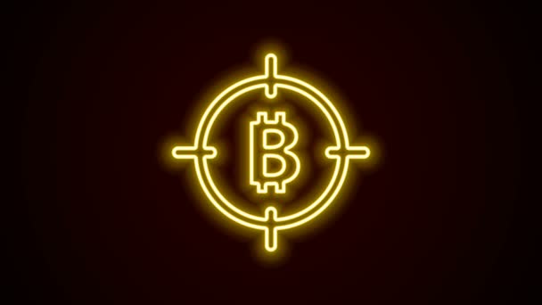 Gloeiende neon lijn Bitcoin in het doel pictogram geïsoleerd op zwarte achtergrond. Het pictogram van het investeringsdoel. 4K Video motion grafische animatie — Stockvideo