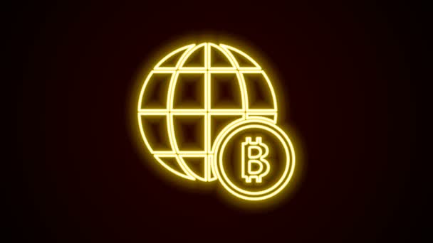 글로 온 라인 글로브 (Glowing neon line Globe) 와 암호화 동전 비트코인 아이콘은 검은 배경에서 분리되었다. 물리적 비트 동전. Blockchain 은 보안 암호화 통화를 기반으로 한다. 4K 비디오 모션 그래픽 애니메이션 — 비디오