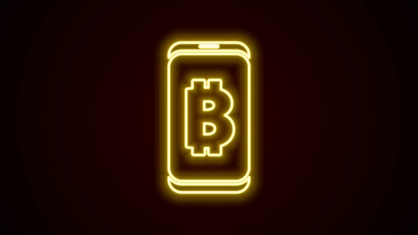 Ligne de néon lumineux Exploitation Bitcoin de l'icône mobile isolé sur fond noir. Exploitation minière crypto-monnaie, service de technologie blockchain. Animation graphique de mouvement vidéo 4K — Video