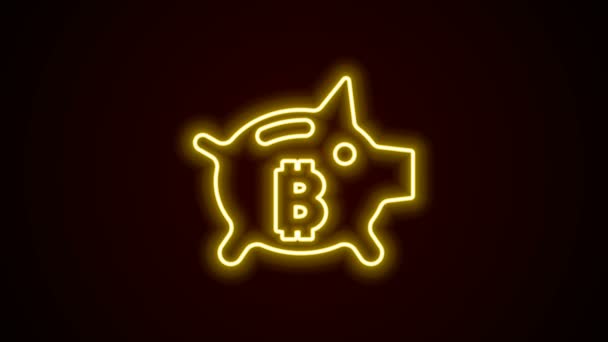 Świecące neon linii Piggy bank ikona bitcoin izolowane na czarnym tle. Ikona oszczędzania lub akumulacji pieniędzy, inwestycji. 4K Animacja graficzna ruchu wideo — Wideo stockowe