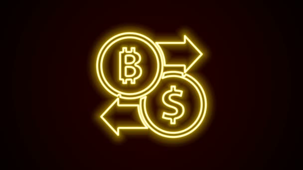 Gloeiende neon lijn Cryptogeld uitwisseling pictogram geïsoleerd op zwarte achtergrond. Bitcoin naar dollar uitwisseling pictogram. Cryptogeld technologie, mobiel bankieren. 4K Video motion grafische animatie — Stockvideo