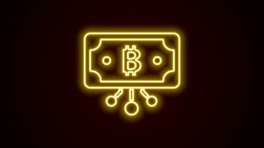 Parlak neon hattı Cryptocurrency bitcoin siyah arkaplanda izole edilmiş mikroçip devre ikonu ile daire içinde. Engelleme teknolojisi, dijital para piyasası. 4K Video hareketli grafik canlandırması