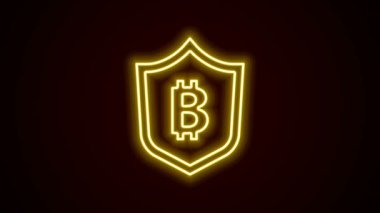 Siyah zemin üzerinde bitcoin simgesi olan parlayan neon hattı kalkanı. Kripto para madenciliği, engelleme teknolojisi, güvenlik, koruma, dijital para. 4K Video hareketli grafik canlandırması