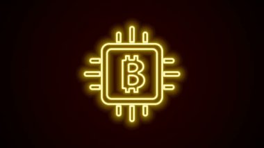 Parlayan neon hattı CPU maden çiftliği ikonu siyah arka planda izole edildi. İşlemcinin içinde bitcoin işareti. Kripto para madenciliği topluluğu. Dijital para. 4K Video hareketli grafik canlandırması