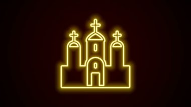 Parlayan neon hattı kilise binası simgesi siyah arka planda izole edildi. Hıristiyan Kilisesi. Kilisenin dini. 4K Video hareketli grafik canlandırması