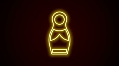 Parlayan neon hattı, siyah arka planda izole edilmiş Rus bebek matrioshka ikonu. 4K Video hareketli grafik canlandırması