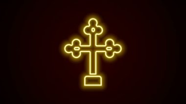 Parlayan neon hattı Hıristiyan çapraz simgesi siyah arka planda izole edildi. Kilise haçı. 4K Video hareketli grafik canlandırması