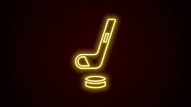 Parlayan neon hattı buz hokeyi sopası ve disk ikonu siyah arka planda izole edilmiş. 4K Video hareketli grafik canlandırması