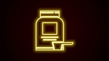 Parlayan neon hattı Spor beslenme vücut geliştirme protein enerji içeceği ve siyah arka planda izole edilmiş yiyecek ikonu. 4K Video hareketli grafik canlandırması