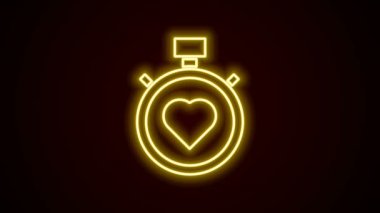Merkezdeki kronometre simgesinde parlayan neon hattı Heart siyah arkaplanda izole edildi. Sevgililer Günü. 4K Video hareketli grafik canlandırması