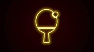 Masa tenisi ikonunu çalmak için parlayan neon hattı raketi siyah arkaplanda izole edildi. 4K Video hareketli grafik canlandırması