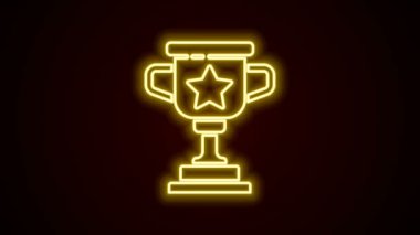 Parlayan neon hattı ödüllü kupa simgesi siyah arkaplanda izole edildi. Galibiyet ödülü sembolü. Şampiyonluk ya da yarışma kupası. Spor başarısı işareti. 4K Video hareketli grafik canlandırması