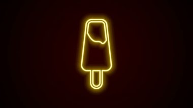 Siyah arka planda izole edilmiş tahta çubuk ikonu üzerinde parlak neon çizgili dondurma. 4K Video hareketli grafik canlandırması