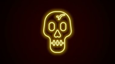Parlayan neon hattı Skull simgesi siyah arkaplanda izole edildi. Mutlu Cadılar Bayramı Partisi. 4K Video hareketli grafik canlandırması