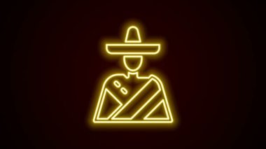 Siyah arka planda izole edilmiş sombrero ikonu giyen parlak neon çizgili Meksikalı adam. Bıyıklı İspanyol adam. 4K Video hareketli grafik canlandırması
