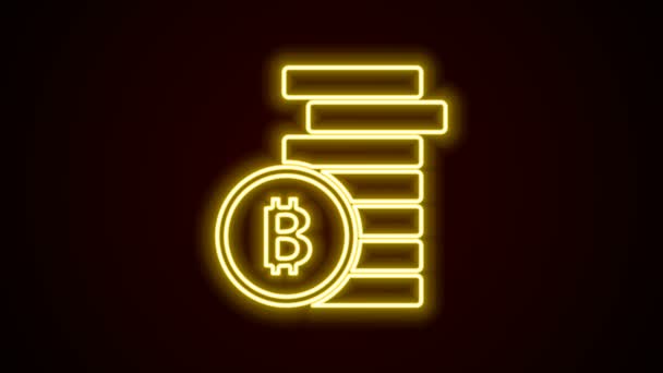 Gloeiende neon lijn Cryptogeld munt Bitcoin pictogram geïsoleerd op zwarte achtergrond. Fysiek beetje munt. Blockchain gebaseerde veilige crypto valuta. 4K Video motion grafische animatie — Stockvideo
