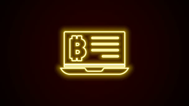 Glowing neon line Mining bitcoin from laptop icon isolated on black background. Cryptocurrency mining, blockchain technology service. 4K Video motion graphic animation — Stock Video