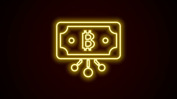 Leuchtende Leuchtschrift Kryptowährung Bitcoin im Kreis mit Mikrochip Schaltung Symbol isoliert auf schwarzem Hintergrund. Blockchain-Technologie, digitaler Geldmarkt. 4K Video Motion Grafik Animation — Stockvideo
