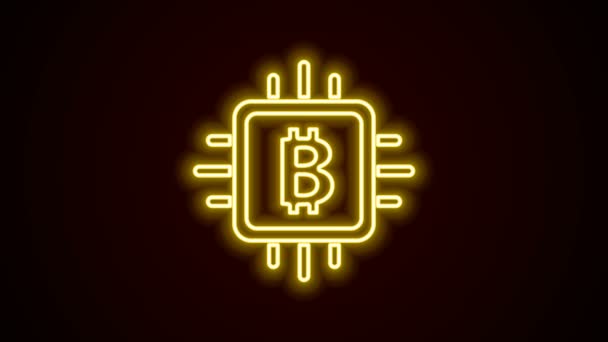Luminoso ícone de fazenda de mineração de CPU de linha de néon isolado em fundo preto. Bitcoin sinal dentro do processador. Comunidade mineira criptomoeda. Dinheiro digital. Animação gráfica em movimento de vídeo 4K — Vídeo de Stock