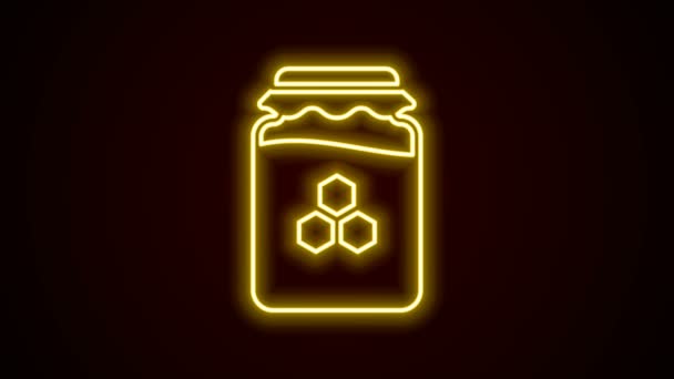 Zářící neonová čára Jar medu ikona izolované na černém pozadí. Jídlo. Symbol sladkého přírodního jídla. Grafická animace pohybu videa 4K — Stock video