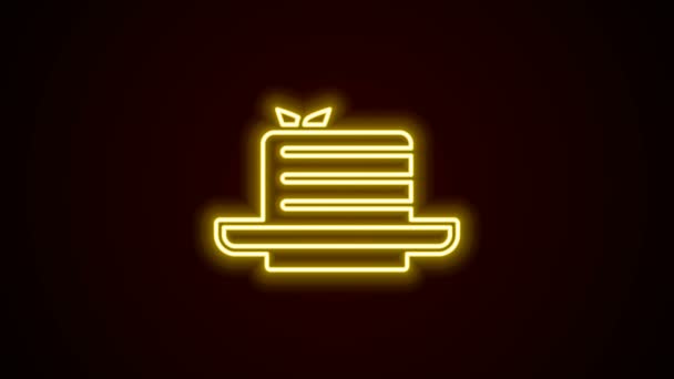 Linea neon luminosa icona Medovik isolata su sfondo nero. Torta a strati di miele o torta russa Medovik sul piatto. Animazione grafica 4K Video motion — Video Stock